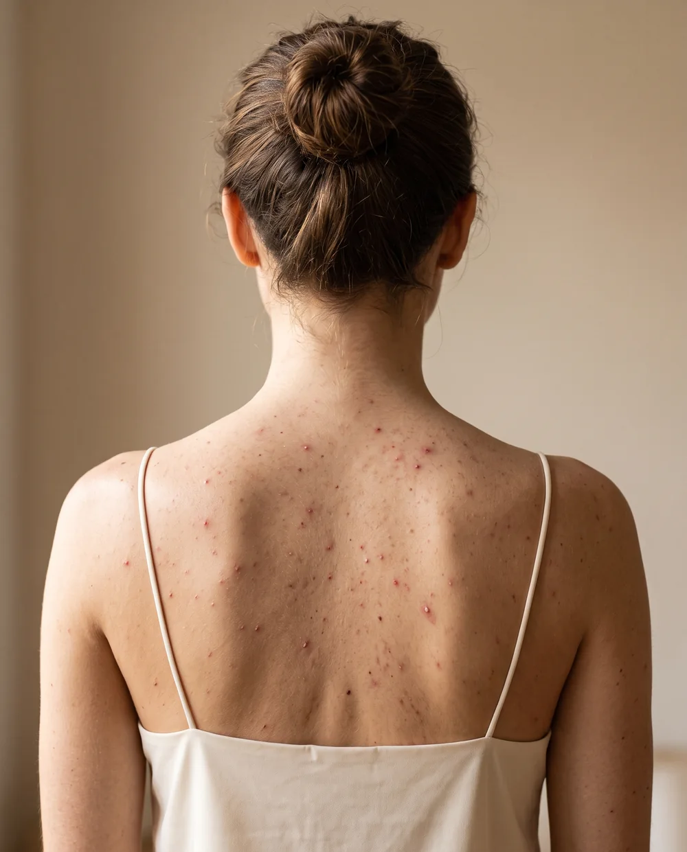 Espalda de mujer joven con acné corporal, tratamiento del acné en Bonita Mía Beauty, Zaragoza