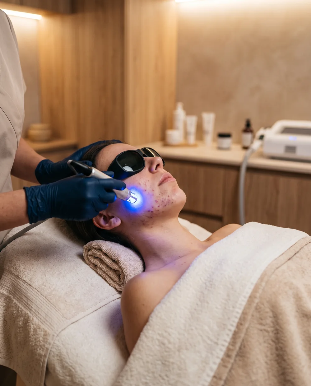 Esteticista aplicando Láser Blue de luz azul sobre la piel con acné en Bonita Mía Beauty, Zaragoza